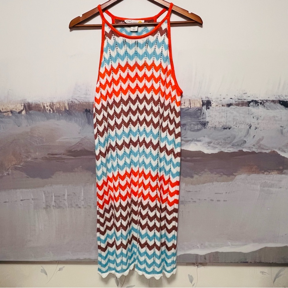 C&C California Swimsuit Cover-Up Womens M Chevron Stripe Open Knit Colorful Boho